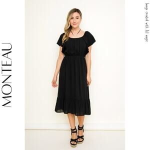 MONTEAU Black Chiffon Ruffle Trim Dress, S, NWT!